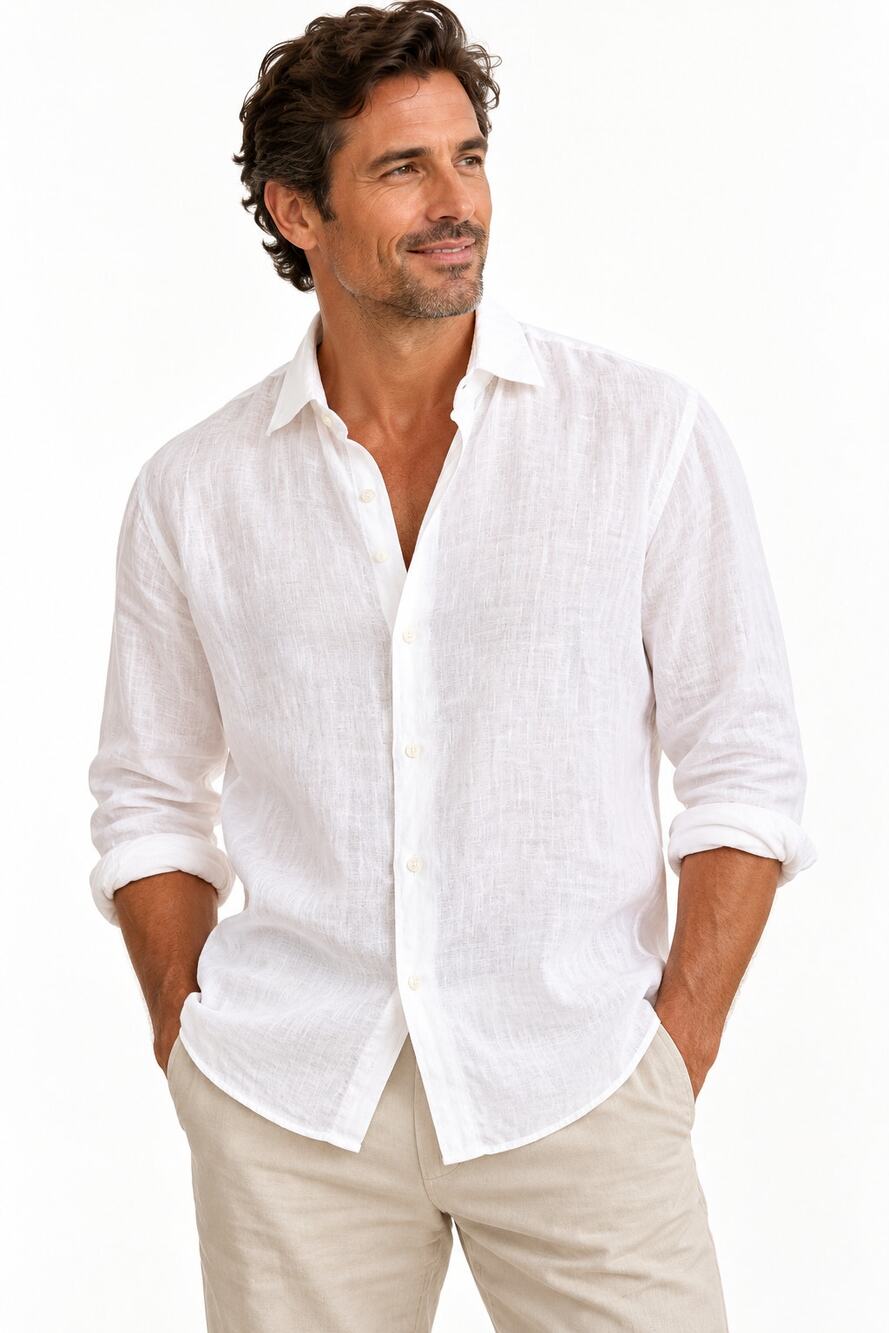 Fedeli Mens White 100% Linen Button Down Shirt 17.5 44 Made in Italy Luxury